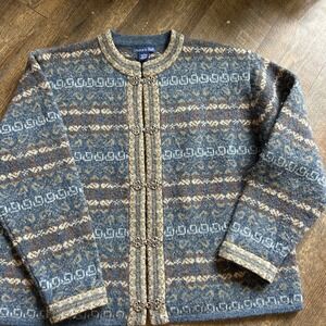 Eagles Eye Nordic Wool Cardigan Blue Fair Isle Metal Clasp Sweater Womens Large